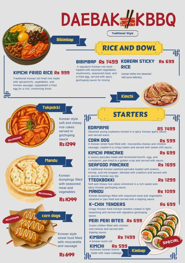 Daebak KBBQ Menu — Rice & Bowls and Starters