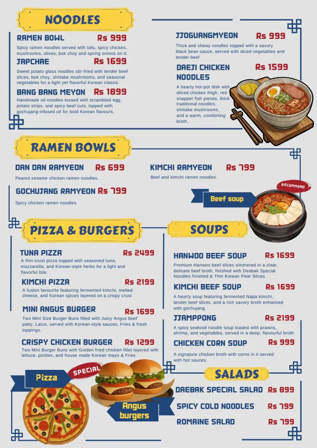 Daebak KBBQ Menu — Noodles, Pizza, Burgers, Soups and Salads