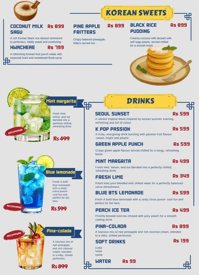 Daebak KBBQ Menu — Korean Sweets and Drinks